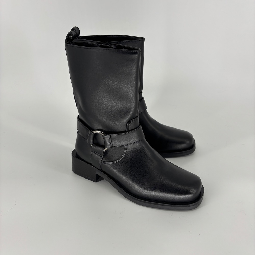 Kenneth Cole Reaction Diona Harness Boots Black Women Size 7 Square Toe Low Heel